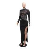 Women High Neck Long Sleeve Beaded Slit Party Dress