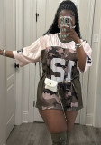 Women summer street camouflage v-neck Casual Patchwork printed short-sleeved T-shirt