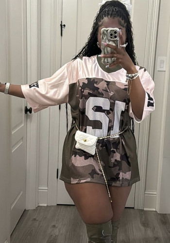 Women summer street camouflage v-neck Casual Patchwork printed short-sleeved T-shirt