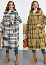 Women Winter Turndown Collar Hooded Plaid Coat