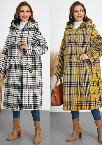 Women Winter Turndown Collar Hooded Plaid Coat