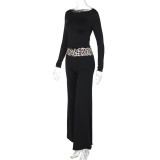 Women Winter Print Patchwork Long Sleeve Round Neck Top and Bell Bottom Pants Two-piece Set