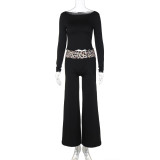 Women Winter Print Patchwork Long Sleeve Round Neck Top and Bell Bottom Pants Two-piece Set