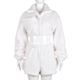 Solid Color Two-Piece Fashionable Fleece Long-Sleeved Top Shorts Set