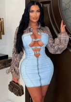 Women Patchwork Drawstring Metal Button Blue Denim Dress