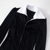 Women's Clothing Contrast Color Turndown Collar Long-Sleeved Zipper Chic Elegant Long Dress