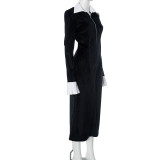 Women's Clothing Contrast Color Turndown Collar Long-Sleeved Zipper Chic Elegant Long Dress