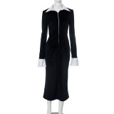 Women's Clothing Contrast Color Turndown Collar Long-Sleeved Zipper Chic Elegant Long Dress