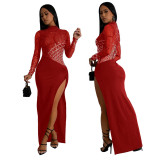 Women High Neck Long Sleeve Beaded Slit Party Dress