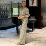 Women casual print long-sleeved shirt and wide-leg Pants two-piece suit