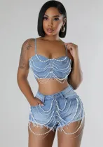 Women pearl diamond chain Denim Suspender vest shorts two-piece set