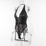 Sexy Jacquard Mesh Pu Leather Patchwork With Garter Buckle Sexy Lingerie Set