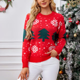 Red Sweater Autumn Winter Women's Christmas Tree Jacquard Pullover Knitting Top