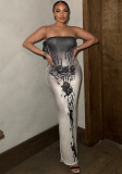 Women's Fashion Print Strapless Low Back Slit Dress