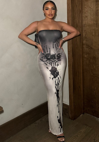 Women's Fashion Print Strapless Low Back Slit Dress