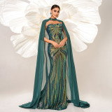 Long Sleeve Round Neck Long Sequin Formal Party Cape Fishtail Evening Dress Bridesmaid Dress