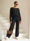 Autumn Winter Solid Color Women's Round Neck Long Sleeve Fleece Top Trousers Two Piece Set