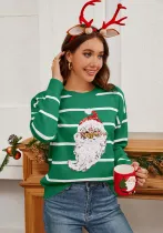 Knitting Shirt Loose Sequin Embroidery Santa Claus Holiday Striped Pullover Sweater