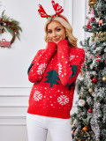 Red Sweater Autumn Winter Women's Christmas Tree Jacquard Pullover Knitting Top