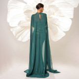 Long Sleeve Round Neck Long Sequin Formal Party Cape Fishtail Evening Dress Bridesmaid Dress