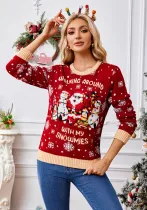 Red Women Autumn Winter Snowflake Christmas Pullover Sweater