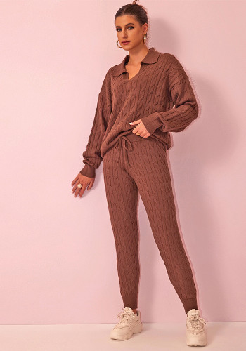 Autumn Winter Women Fashion Solid Color Sweater Trousers Knitting Two-Piece Set