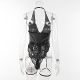 Sexy Jacquard Mesh Pu Leather Patchwork With Garter Buckle Sexy Lingerie Set