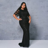 Plus Size Women's Short Sleeve Round Neck Formal Party Sequin Evening Gown