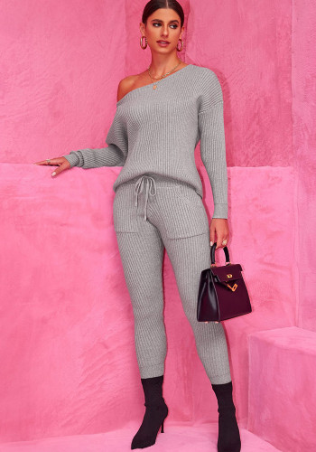 Autumn Winter Round Neck Long Sleeve Sweater Woolen Trousers Two Piece Set