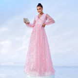 Long Sleeve V-Neck Long Sequin Formal Party Evening Dress Bridesmaid Dress