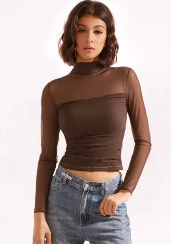 Solid Color Round Neck Mesh Patchwork See-Through Long-Sleeved Sexy Women's Top