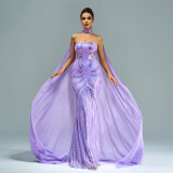Long Sleeve Round Neck Long Sequin Formal Party Cape Fishtail Evening Dress Bridesmaid Dress