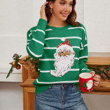 Knitting Shirt Loose Sequin Embroidery Santa Claus Holiday Striped Pullover Sweater