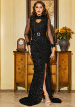 Long Sleeve Round Neck Long Sequin Formal Party Fishtail Evening Gown Bridesmaid Dresses