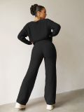 Autumn Winter Solid Color Women's Round Neck Long Sleeve Fleece Top Trousers Two Piece Set