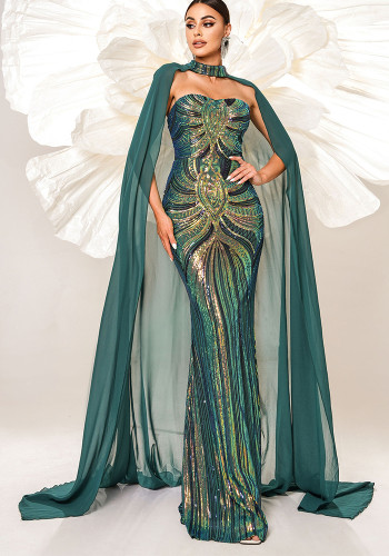 Long Sleeve Round Neck Long Sequin Formal Party Cape Fishtail Evening Dress Bridesmaid Dress