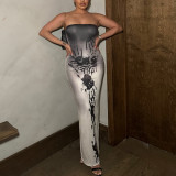 Women's Fashion Print Strapless Low Back Slit Dress