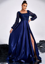 Long Sleeve Square Neck Long Sequin Formal Party Evening Gown Bridesmaid Dresses