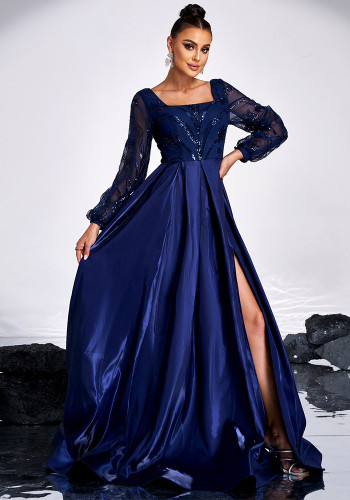 Long Sleeve Square Neck Long Sequin Formal Party Evening Gown Bridesmaid Dresses