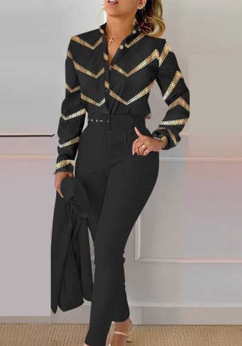 Spring Women's Clothing Long Sleeve Fashion Casual Printed Shirt High Waist Career Pants Set