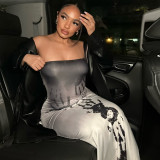 Women's Fashion Print Strapless Low Back Slit Dress