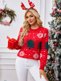 Red Sweater Autumn Winter Women's Christmas Tree Jacquard Pullover Knitting Top