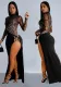 Fashionable Women's Beaded Sexy Hollow Long-Sleeved Slit Dress