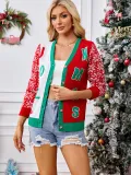 Autumn Winter Christmas Sweater Red Casual Letter Jacquard V-Neck Knitting Cardigan