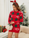 Christmas Tree Jacquard Long Red Knitting Top Pullover Sweater