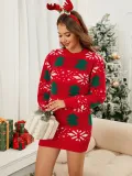 Christmas Tree Jacquard Long Red Knitting Top Pullover Sweater