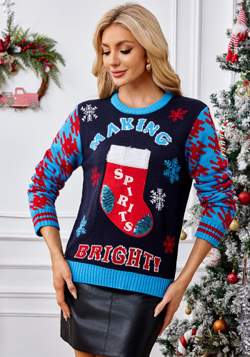 Women Autumn Winter Sequin Embroidery Knitting Christmas Boots Jacquard Sweater