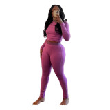 Ribbed Elastic Yoga Sports Women's Tight Slim Two Piece Pants Set