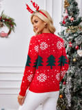 Red Sweater Autumn Winter Women's Christmas Tree Jacquard Pullover Knitting Top