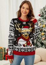 Women's Christmas Elk Jacquard Knitting Top Autumn Winter Pullover Sweater